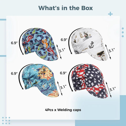 Four Pack Cotton Welding Cap Set With Sweat Absorbing Mesh Liner, colorful designs, dimensions shown, breathable welders hats.