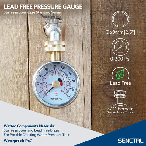 Front view of SENCTRL 0–200 psi water pressure gauge, 2.5" dial, stainless steel case, 3/4" female garden hose thread.