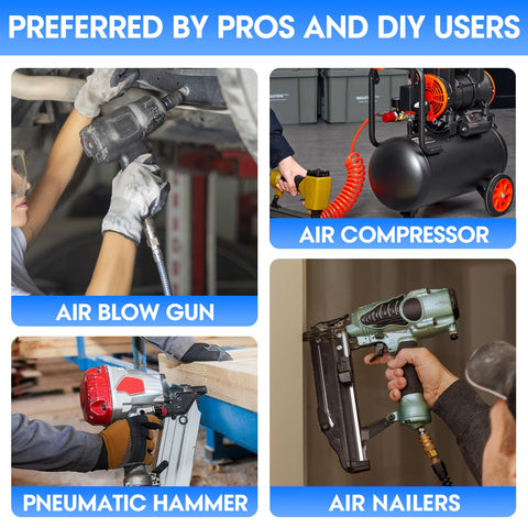 Collage showing air blow gun, air compressor, pneumatic hammer, and air nailers using dual line air hose splitter.