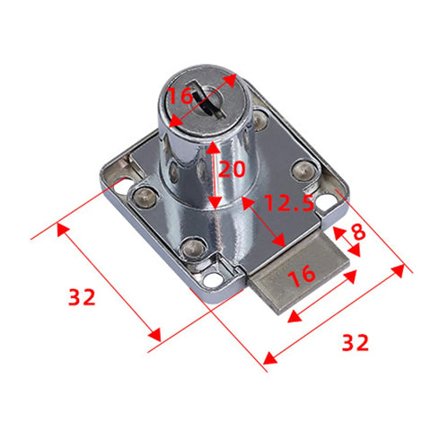 Solid Zinc Alloy Cabinet Lock With Keys For Drawer And Desk Security, detailed dimensions shown for easy installation.