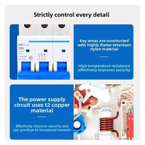 Heavy Duty Dual Protection Circuit Breaker With Integrated Overload And Short Circuit Safety Switch For Home And Workshop Panels showing nylon and copper materials.