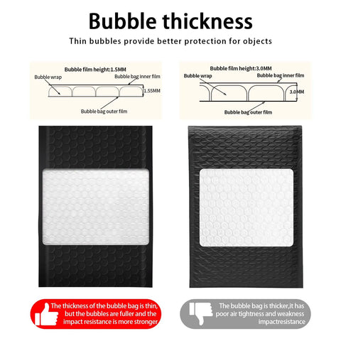 Image showing comparison of bubble thickness in 4x7 Inch Padded Self Seal Bubble Mailers Pack Of 100 Opaque Black Waterproof Shipping Envelopes With 360 Degree Bubble Cushion, Strong Tear Resistant Exterior, Lightweight Protection For Delicate Items And Quick Packing.