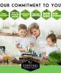 Family using Five Variety Microgreens Seed Kit For Indoor Sprouting With Mustard Mung Bean Curled Cress Clover And Lettuce Heirloom Non GMO Starter Pack For Quick Indoor Harvest And Homegrown Flavor in kitchen.