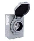 Front view of Plug And Play 50 Amp Generator Inlet Box With NEMA SS2-50P, Weatherproof Outdoor Indoor Inlet for RVs, 125/250V, 3R Enclosure.