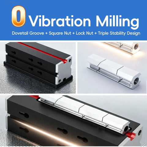 Top Tier Mini Metal Milling Machine And Vertical Mill Lathe With Slick Electroplated Body 36 Watt Motor Cranking 20000 RPM showing dovetail groove and lock nut design.