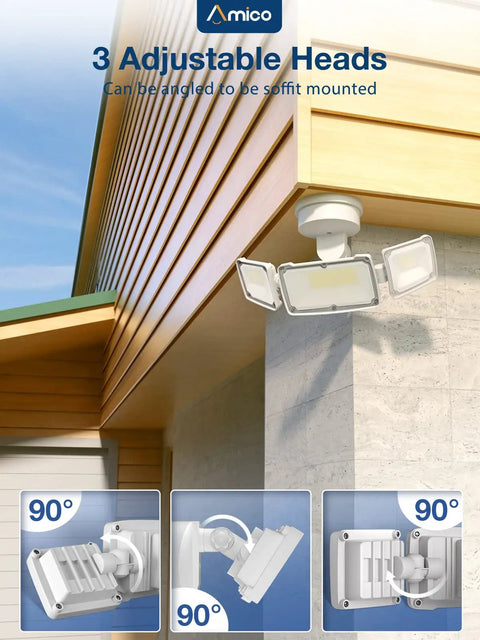 Three Head Outdoor Flood Light With 3500LM, 30W, 5000K Daylight White, IP65 Waterproof Security Lamp installed on house exterior