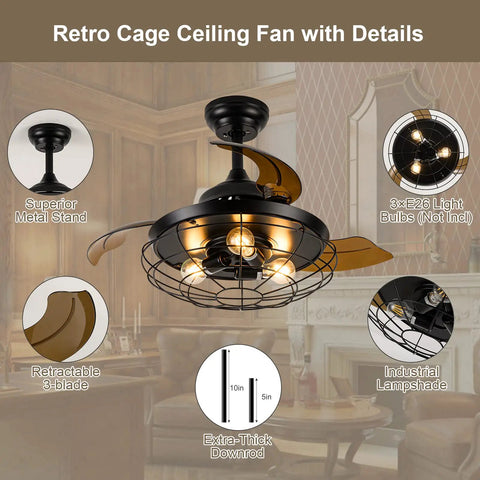 Farmhouse Rustic 36 Inch Ceiling Fan With Lights, DC Motor, Remote Control, Retractable Caged Blades, shown in vintage interior