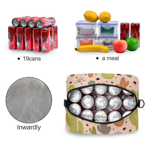 Desert Cacti Insulated 10L Cooler Bag open with 19 cans, meal boxes, and fruits showing inner lining and cacti pattern design.