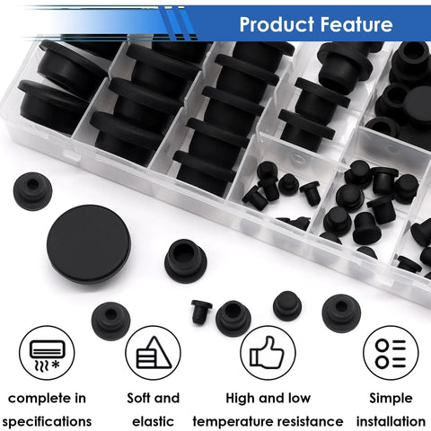 Assorted Rubber Plugs Set With Ninety Pieces Nine Sizes From One Inch To One Fifth Inch Silicone Stoppers in box