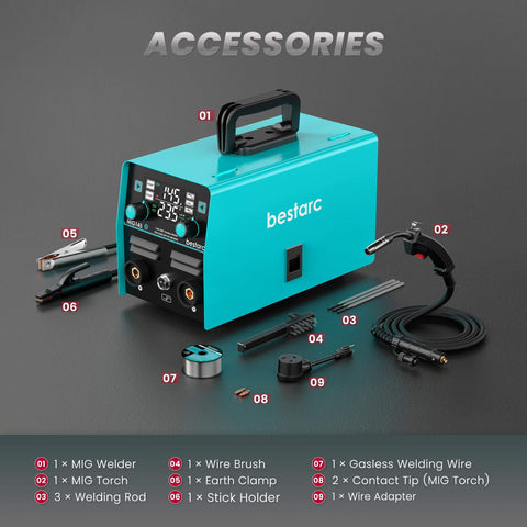 3 In 1 MIG TIG Stick Welder, 145 Amp, 110V 220V Gasless Flux Core Welder With Digital Screen and accessories on display