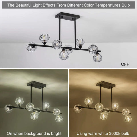 Modern Black Sputnik Chandelier With Crystal Ball Shade Dope 8 Light Industrial Globe Pendant Lighting For Kitchen Island And Dining Room Linear Hanging Fixture Anti Rust Metal Frame shown in different lighting conditions