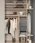 Three Tier Hanging Wardrobe Organizer With Slick Foldable Linen Fabric And Heavy Duty Hooks For Ultimate Closet Space Saving and Dorm Game Changer Essentials in grey, mounted in a modern closet.