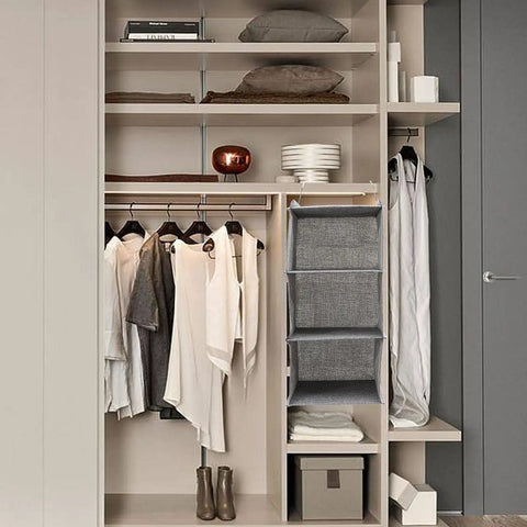 Three Tier Hanging Wardrobe Organizer With Slick Foldable Linen Fabric And Heavy Duty Hooks For Ultimate Closet Space Saving and Dorm Game Changer Essentials in grey, mounted in a modern closet.