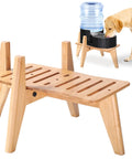 Top Shelf Bamboo Dog Food And Water Dispenser Stand For Medium Dogs Adjustable Pet Feeder Rack with bamboo platform.