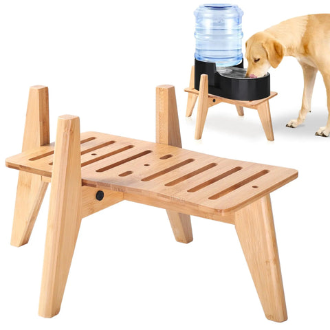 Top Shelf Bamboo Dog Food And Water Dispenser Stand For Medium Dogs Adjustable Pet Feeder Rack with bamboo platform.