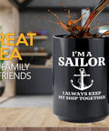 15Oz Black Sailor Coffee Mug My Ship Together Funny Boating Gift For Boaters on a wooden table in a modern kitchen