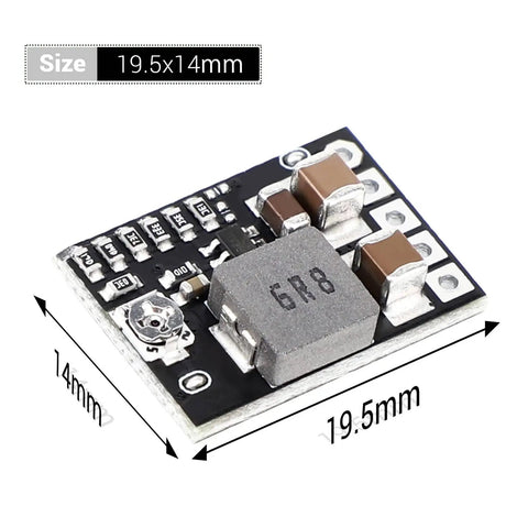 Close-up view of Five Pack Mini DC Buck Converter Set 4.5 to 20V Input to 5V Output With Adjustable 1 to 16V Or Fixed 5V 9V 12V 3A 10W Step Down Regulator Board showing size dimensions.
