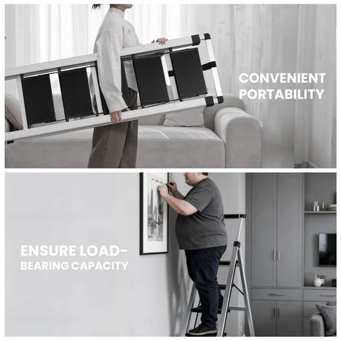 4 Step Folding Aluminum Ladder With Retractable Handrail, Lightweight 12.5 Lb Step Stool, Heavy Duty Up To 330 Lb, Grab And Go Portable Home Garage Reach Tool, Extends To 50.5 Inches, Folds Slim For Easy Storage. man carrying folded ladder; man on 4-step aluminum ladder reaching wall