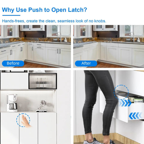 Push To Open Cabinet Latch Set 2 Pack Magnetic Touch Latches for hidden doors in a kitchen before and after setup.