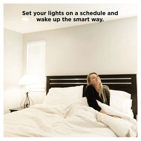 Person in bed with BR30 Dimmable Smart Flood Light Bulb, 650 Lumens, 9W, Soft White 2700K, Zigbee Hub Required ceiling light