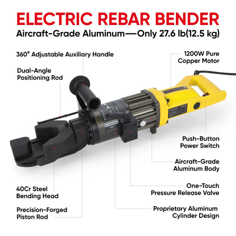 PEResQ Electric Rebar Bender 5/8 Inch Hydraulic Portable Bending Machine 1200W 120V showing adjustable handle and bending head.