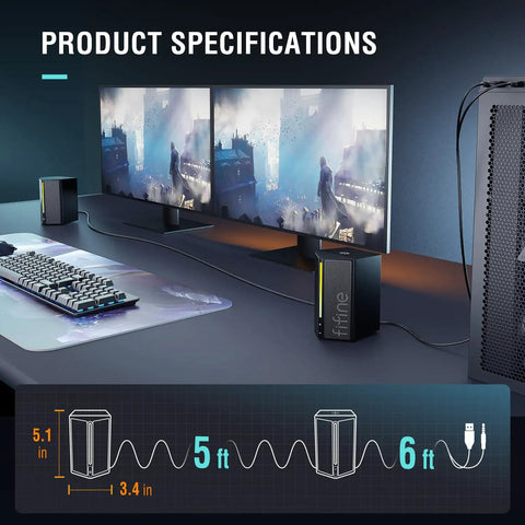 Immersive Gaming Desktop PC Speakers With Easy Volume Control And RGB Lighting Wired 3.5mm Aux Cable on desk setup