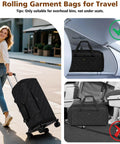 Four In One Rolling Garment Bag For Travel With Wheels Carry On Size Duffle Convertible Suit Carrier displayed in city and airplane compartments