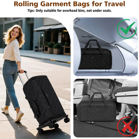 Four In One Rolling Garment Bag For Travel With Wheels Carry On Size Duffle Convertible Suit Carrier displayed in city and airplane compartments