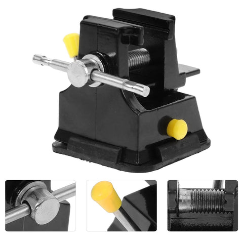Mini Suction Base Table Bench Vise Clamp for Carving and Sculpture shown in black with yellow handles for woodworking and craft projects.