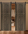 Heavy Duty Two Panel Sliding Barn Door With Full Track Hardware Kit For Interior Closets And Room Dividers, wood finish, dual panel design.