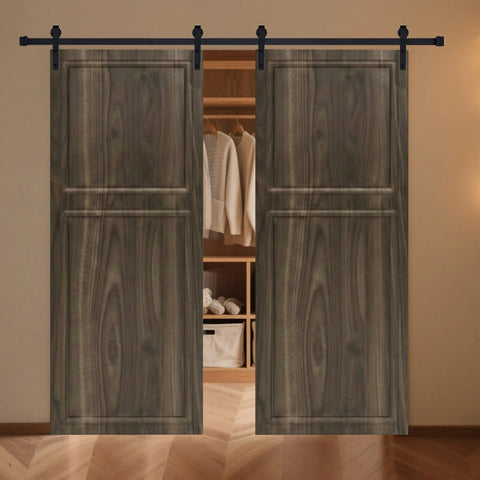 Double Sliding Barn Door With Full Hardware Kit And Heavy Duty Track Assembly Built From Solid Hdf Board For A Knockout Interior Upgrade And Smooth Gliding Action, 44x96 inches, walnut finish, installed between rooms.