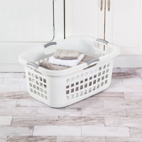 Ultra 2 Bushel Plastic Laundry Hamper Baskets, 6 Pack in White with comfort grip handles on floor with towels inside