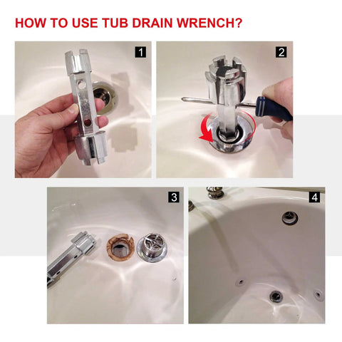 Instructional guide using Tub Drain Remover Wrench Tool For Shower And Bathtub Built Tough Aluminum Dual Ended Fits 1 3 8 Inch And 1 1 2 Inch Drain Shoes PL0030 Easy Removal And Installation