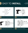 Installation guide for Tough Gold Swing Bar Door Lock For Swing In Doors Childproof Safety Latch with step-by-step visuals.