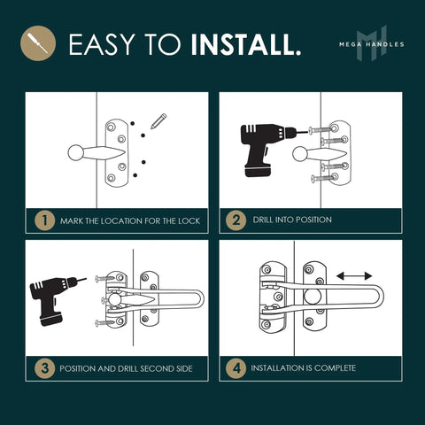 Installation guide for Tough Gold Swing Bar Door Lock For Swing In Doors Childproof Safety Latch with step-by-step visuals.