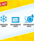 Icons showing freezer, microwave, and dishwasher safe features for Medium Rectangle Food Storage Containers With Lids.