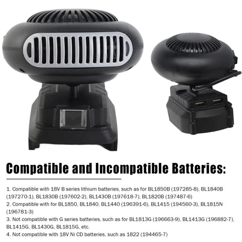 Compact Portable Heater Pumping Out Kickin Warmth Indoors With Dual Temp Settings And 18V Battery Powered, showing battery compatibility details.