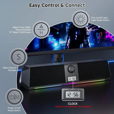 Bluetooth Computer Speakers Soundbar With Digital Clock Display, USB Plug And Play For Desktop Monitor And Laptop showing controls.