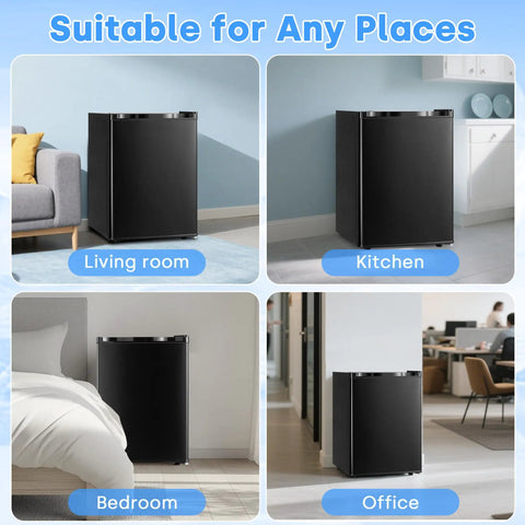 Hella Compact 2.1 Cubic Foot Upright Mini Freezer With Seven Adjustable Temperature Settings And Removable Wire Shelves For Sweet Fresh Food Storage In Dorms Or Small Apartments shown in living room, kitchen, bedroom, and office settings.