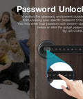Fingerprint Smart Door Lock With Keypad Handle For Home Office Front Door And Apartment Keyless Entry No Keys Needed Supports 50 Fingerprints Fast Under One Second Unlock High Ninety Nine Percent Recognition Easy Install with finger touching keypad illustration and family in background