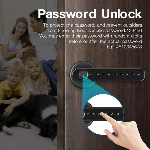 Fingerprint Smart Door Lock With Keypad Handle For Home Office Front Door And Apartment Keyless Entry No Keys Needed Supports 50 Fingerprints Fast Under One Second Unlock High Ninety Nine Percent Recognition Easy Install with finger touching keypad illustration and family in background
