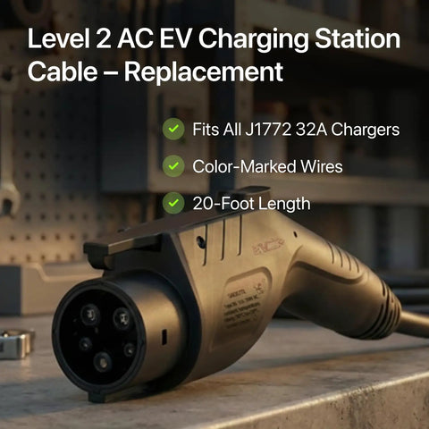 Rock Solid J1772 Level 2 EV Charger Replacement Cable 32 Amp 240 Volt 20 Foot with color-marked wires close-up