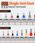 Chart showing 1300 dual and single barrel terminals for Ferrule Crimping Tool Kit With Portable Case Square Crimp Pliers