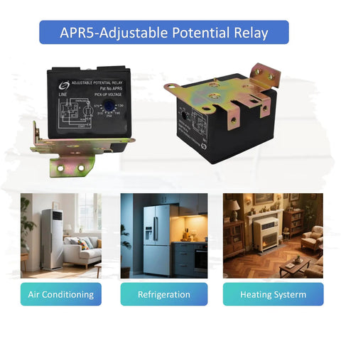 Adjustable Potential Relay With 30A At 110 To 270 VAC for 3 and 5 terminal systems shown with air conditioning use.