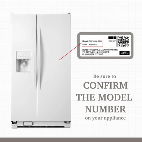 Image showing a refrigerator with focus on model number confirmation for GE Refrigerator Condenser Fan Motor Replacement WR60X10168 PS967022 AP3855309 One Year Limited Warranty, Quiet Operation, Easy Install, Fix For No More Noisy Or Inoperable Condenser Fans, Fits Many GE Models.