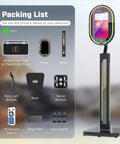 Mirror Photo Booth With Printer And 4K HD Camera packing list, RGB lighting accents, including touch screen, parts, and remote control setup.