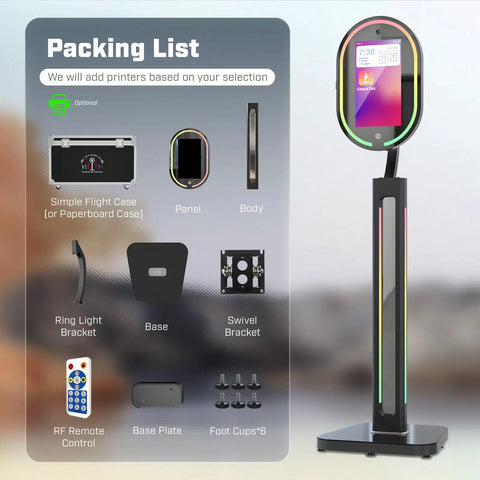 Mirror Photo Booth With Printer And 4K HD Camera packing list, RGB lighting accents, including touch screen, parts, and remote control setup.