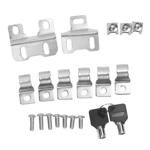 Heavy Duty ABS Motorcycle Side Toolbox Featuring Rugged Stainless Steel Brackets accessories including screws and keys for secure installation.