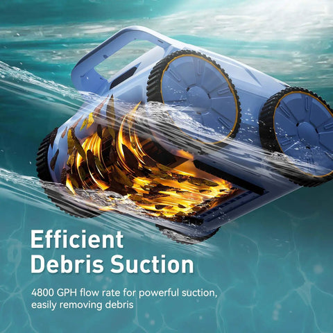 Hands Free Cordless Robotic Pool Cleaner With 180 Minutes Runtime Self Parking Wall Climbing Ideal for Above Ground Pools Smart Navigation Quiet Cleaning Easy Maintenance Not for Pools With Sharp Steps showing efficient debris suction underwater.