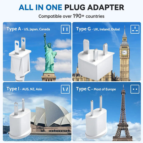 All in one plug adapter with Type A, G, I, C plugs for 190+ countries, shown with iconic landmarks like Statue of Liberty and Eiffel Tower.